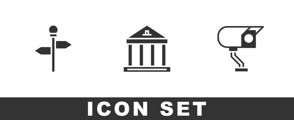 Set Road traffic signpost, Museum building and Security camera icon. Vector
