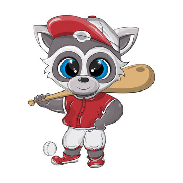Funny raccoon sportsman who plays baseball or softball. This animal illustration is made in a cute cartoon style for a children's product group. 