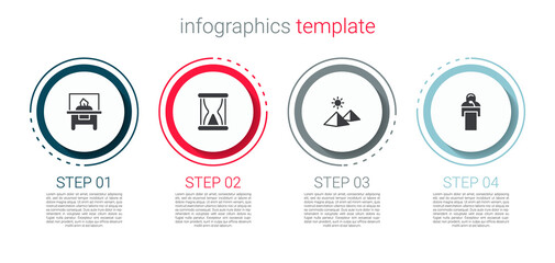 Set Glass showcase for exhibit, Old hourglass with sand, Egypt pyramids and Gives lecture. Business infographic template. Vector