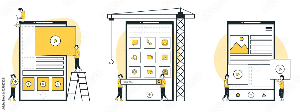 Wall mural mobile app development concept vector illustration set. mobile app, user interface, software archite