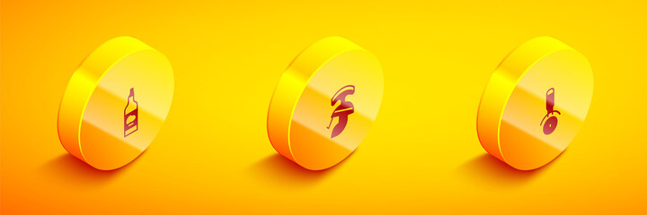 Set Isometric Bottle of olive oil, Roman army helmet and Pizza knife icon. Vector