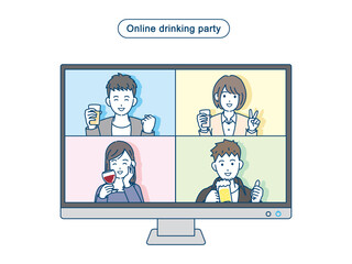 オンライン飲み会をする若い男女　リモート飲み会　宅飲み　忘年会　モニター　イラスト素材