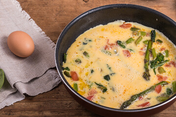 Cooking omelette with asparagus, tomatoes and spinach - mixed eggs poured into the skillet with asparagus, tomatoes and spinach.