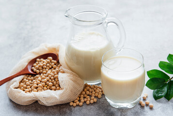 Soy milk and soy on the table