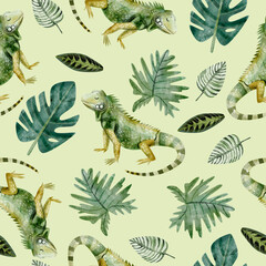 Watercolor seamless pattern with the iguana and tropical leaves