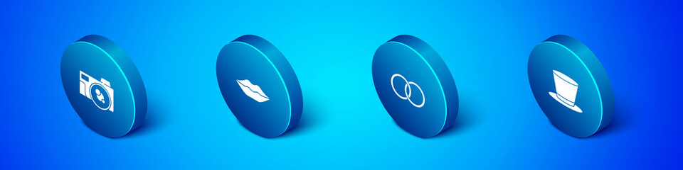 Set Isometric Photo camera, Wedding rings, Cylinder hat and Smiling lips icon. Vector