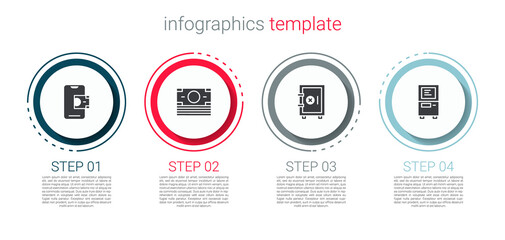 Set Mobile banking, Stacks paper money cash, Safe and ATM. Business infographic template. Vector