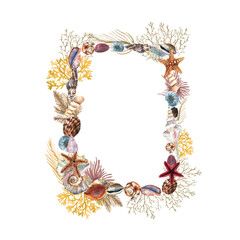Beautiful watercolor frame with colorful sea shells, stars and plants for decorative design. Artistic backdrop. Underwater floral illustration