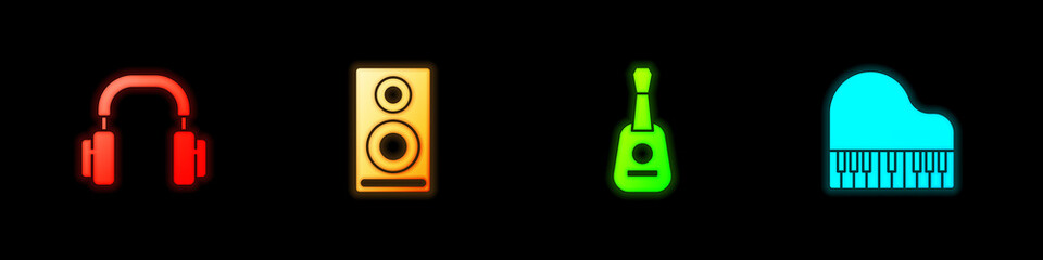 Set Headphones, Stereo speaker, Guitar and Grand piano icon. Vector