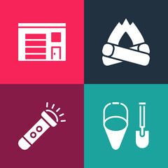 Set pop art Fire shovel and bucket, Flashlight, Campfire and Building of station icon. Vector