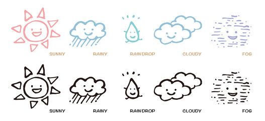 天気_キャラクター_晴れ_雨_曇り_雲_雨だれ_雨粒_霧_濃霧_マスコット_可愛い 天候 イラスト weather character icon color and mono black set