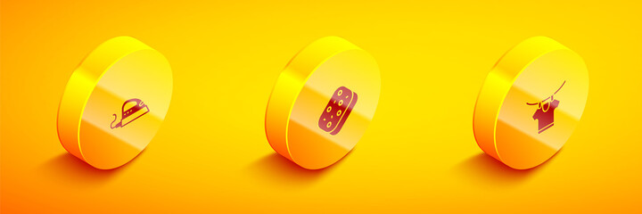 Set Isometric Electric iron, Sponge and Drying clothes icon. Vector