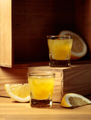 Traditional homemade lemon liqueur limoncello and fresh citrus.