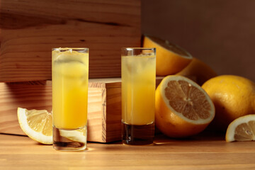 Traditional homemade lemon liqueur limoncello and fresh citrus.