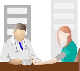 The doctor measures the patients blood pressure.