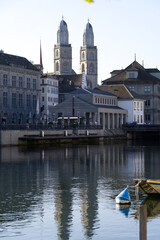 Protestant church Grossmünster (German, translation is great minster) at the old town of Zurich. Photo taken April 23rd, 2021, Zurich, Switzerland.