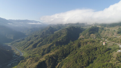 Naklejka premium Aerial view of mountains covered forest, trees in clouds and fog. Cordillera region. Luzon, Philippines. Slopes of mountains with evergreen vegetation. Mountainous tropical landscape.