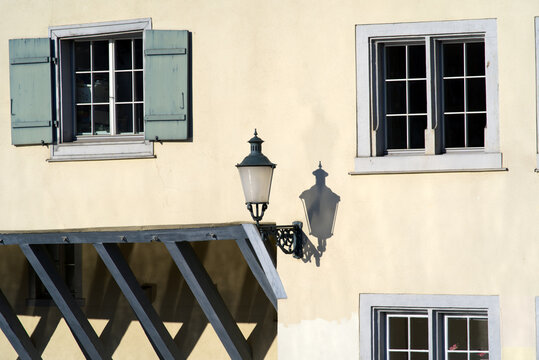 Close-up off old medieval house at the old town of Zurich. Photo taken April 21st, 2021, Zurich, Switzerland.