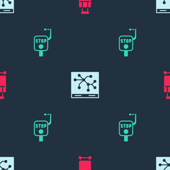 Set Suitcase, Railway map and Emergency brake on seamless pattern. Vector