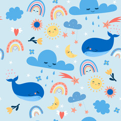 Cute childish seamless pattern with rainbows and whales. Vector graphics.