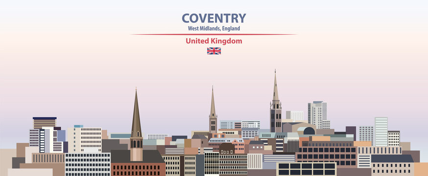 Coventry cityscape on sunset sky background vector illustration with country and city name and with flag of United Kingdom