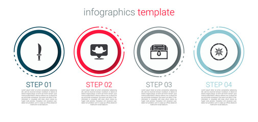 Set Pirate sword, Location pirate, Antique treasure chest and Compass. Business infographic template. Vector