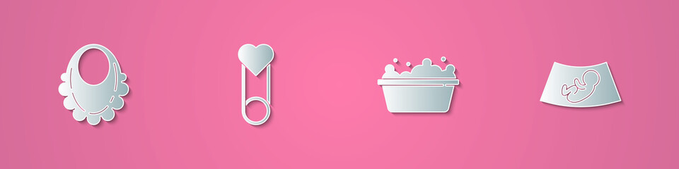 Set paper cut Baby bib, clothes pin, bathtub and Ultrasound of baby icon. Paper art style. Vector