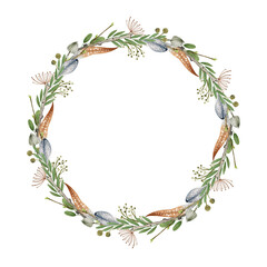 Naklejka premium Floral natural boho wreath. Hand drawn rustic elegant round frame. Countryside wreath from fern, evergreen herbs, forest leaves, feathers. Natural festive round decor. Seasonal autumn frame