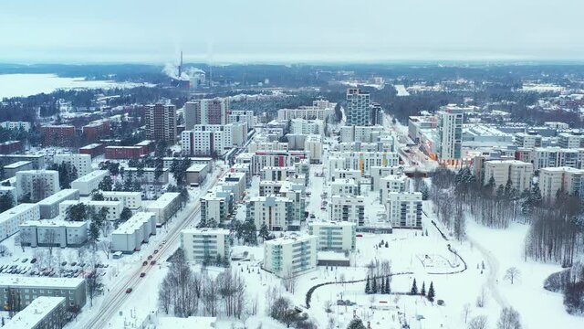 Aerial view of Matinkyla neighborhood of Espoo, Finland. Snow-covered city in winter.