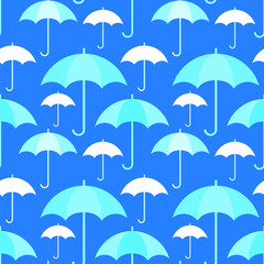White and blue umbrellas on blue background seamless pattern. Vector illustration.