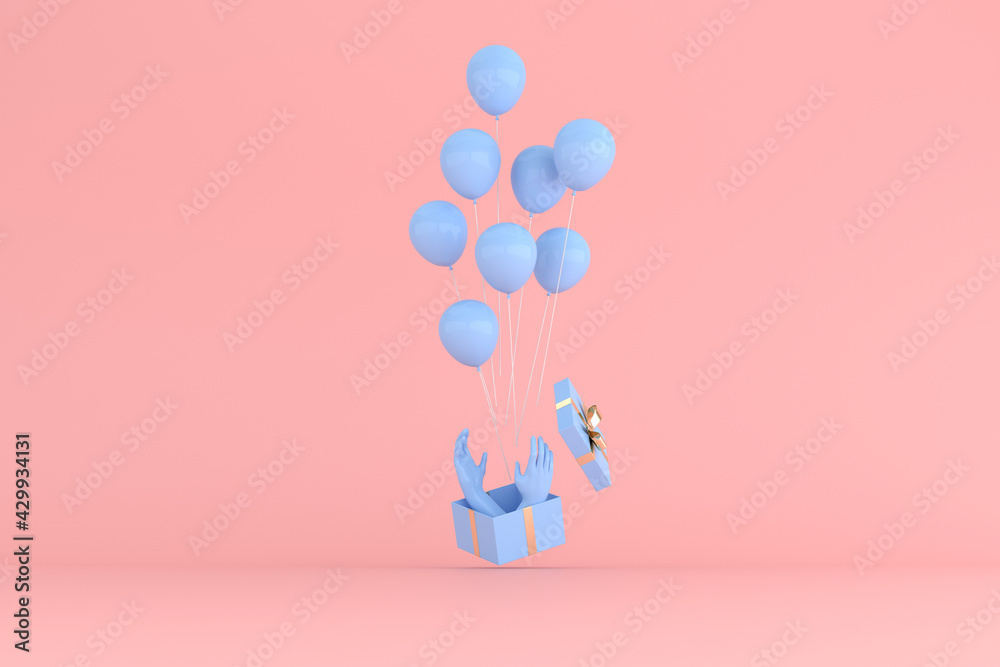 Poster 3d rendering of gift box and balloons.