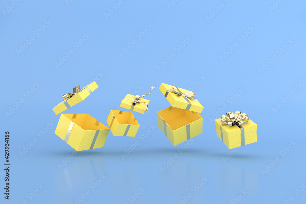 Poster 3d rendering of floating yellow gift boxes and balloons.