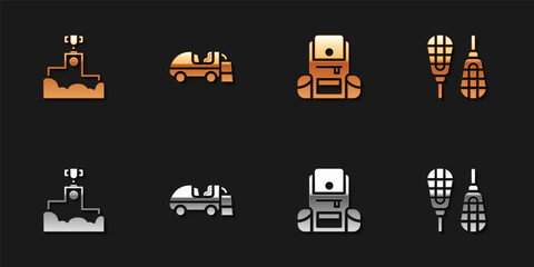 Set Award winner podium, Ice resurfacer, Hiking backpack and Snowshoes icon. Vector