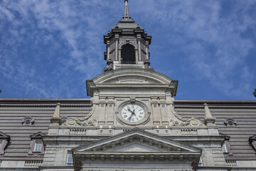 Five-story Montreal City Hall (Hotel de Ville de Montreal) - Second Empire style building in old town Montreal, seat of local government in Montreal, Quebec, Canada.