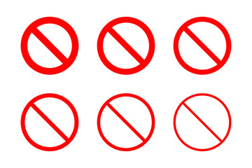 Set of prohibition signs of different thicknesses. Stop symbol isolated. Red ban icon.  Vector illustration. 
