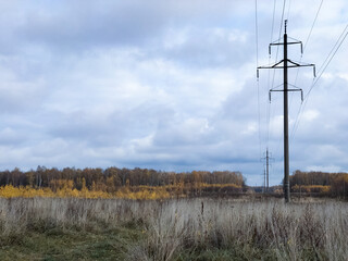 Naklejka premium Row of electricity poles stretch across the field countryside landscape