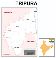 Tripura map. Highlight Tripura map on India map with a boundary line. Tripura major cities map.