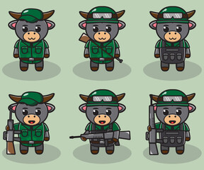 Vector illustration of cute Buffalo Soldier cartoon. Cute Buffalo expression character design bundle.