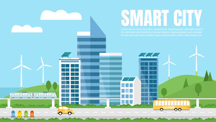 Green Eco friendly smart city landscape. Skyscrapers,solar panels, windmills, waste bins, electrocar, train, and electrobus.  Renewable energy, waste recycling. Web banner, template.


