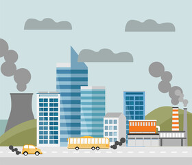 Polluted city landscape. Nuclear plants, factories and pipes with smoke. Environmental, air pollution by factories and cars. Ecological concept. Flat style vector illustration.  