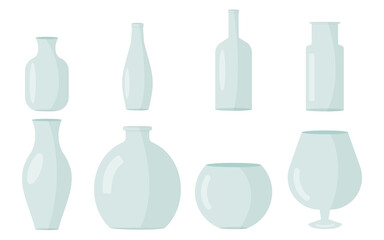 Glass vases collection. Set of various glass objects. Vector illustration in flat style.