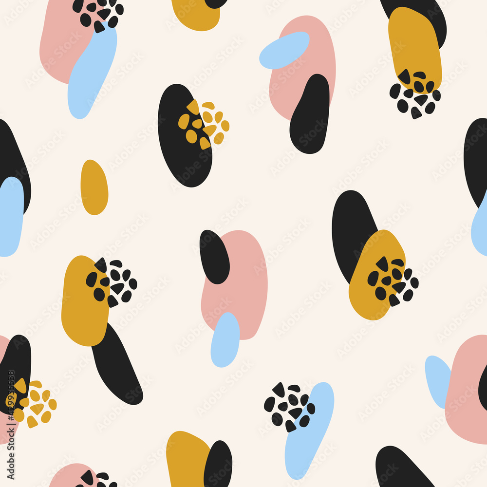 Poster Abstract seamless pattern with simple colorful hand drawn shapes on pastel background. Trendy vector minimal design with chaotic colored shapes and spots