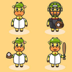 Vector illustration of cute Giraffe Baseball cartoon. Cute Giraffe expression character design bundle.