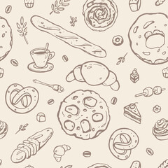 Seamless Vector Cute Outline Pattern. Bakery. Yummy Breakfast Print Design for Textile or Cafe Board.
