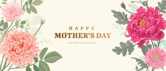 Mother's day poster or banner with hand drawn flowers on light background. Vector illustration © AM_art