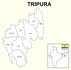 Tripura map. Highlight Tripura map on the India map with a boundary line. Tripura district map white color.