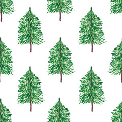 Christmas tree green on a white background. Seamless pattern. Watercolor illustration. Nature. Ecology. for printing on fabric, design of cards and gift wrapping.