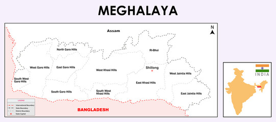 Meghalaya Map. Meghalaya administrative and political vector map in white colour. Meghalaya map in outline colour.