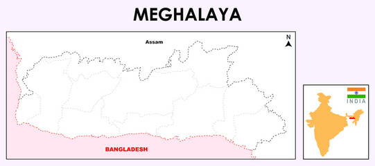 Meghalaya Map. Meghalaya administrative and political vector map in outline border. Vector Outline map in white colour.