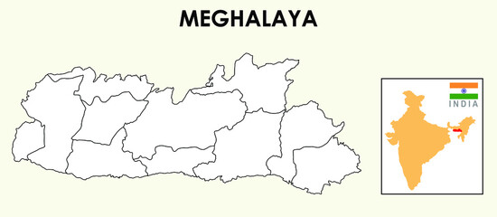 Meghalaya Map. District map of Meghalaya. Meghalaya in India map in 2020. District map if Meghalaya in outline.